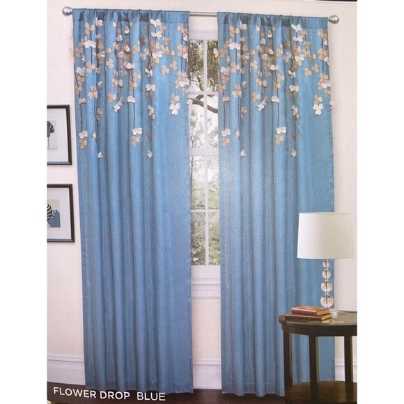 Lush Blue Flower Drop Curtain Panel (2 panels) 42" x 84" - Picture 1 of 4